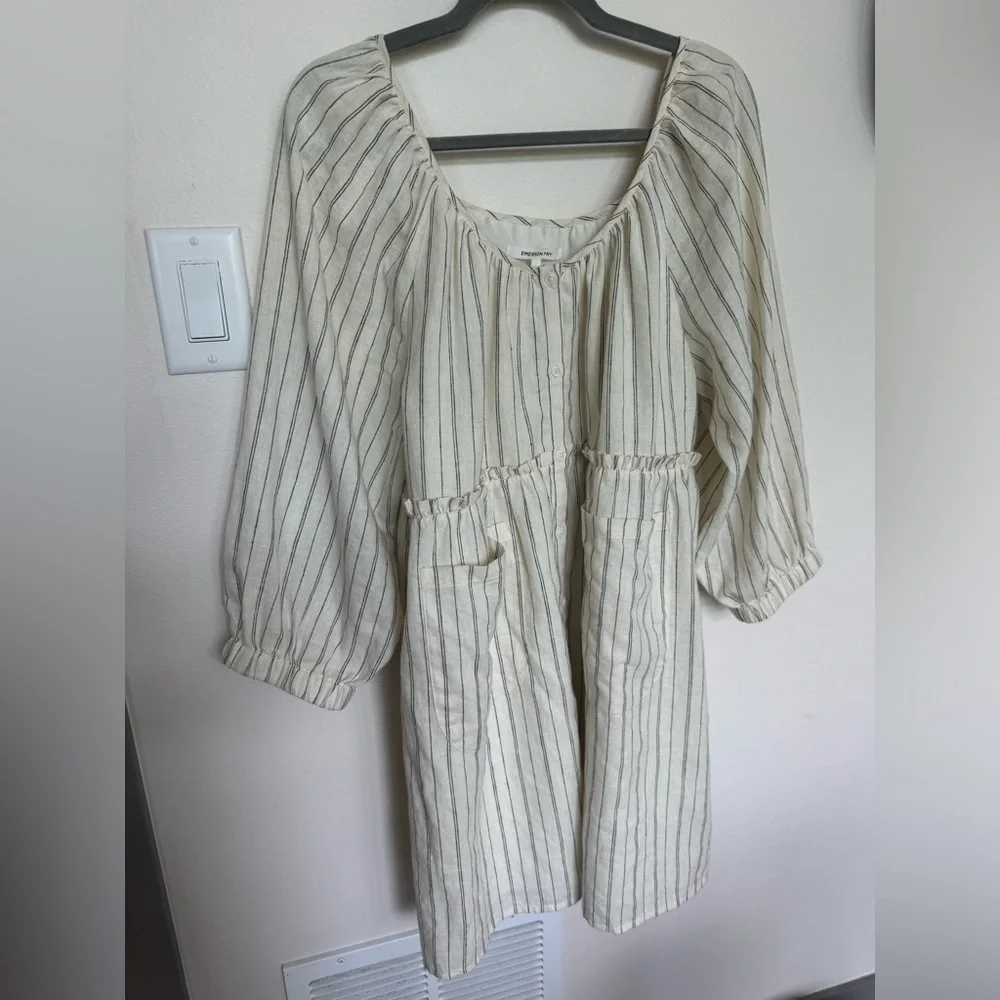 Emerson Fry Jasmine Button Dress. Ivory hemp stripe organic. Size Large. - Picture 4 of 8
